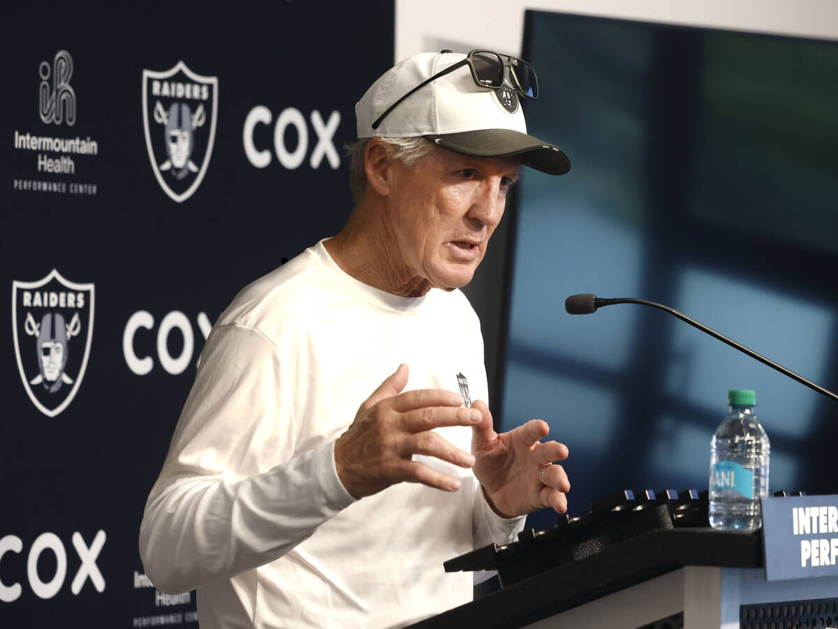 Raiders head coach Pete Carroll addresses the media after the last day of an NFL mandatory foot ...
