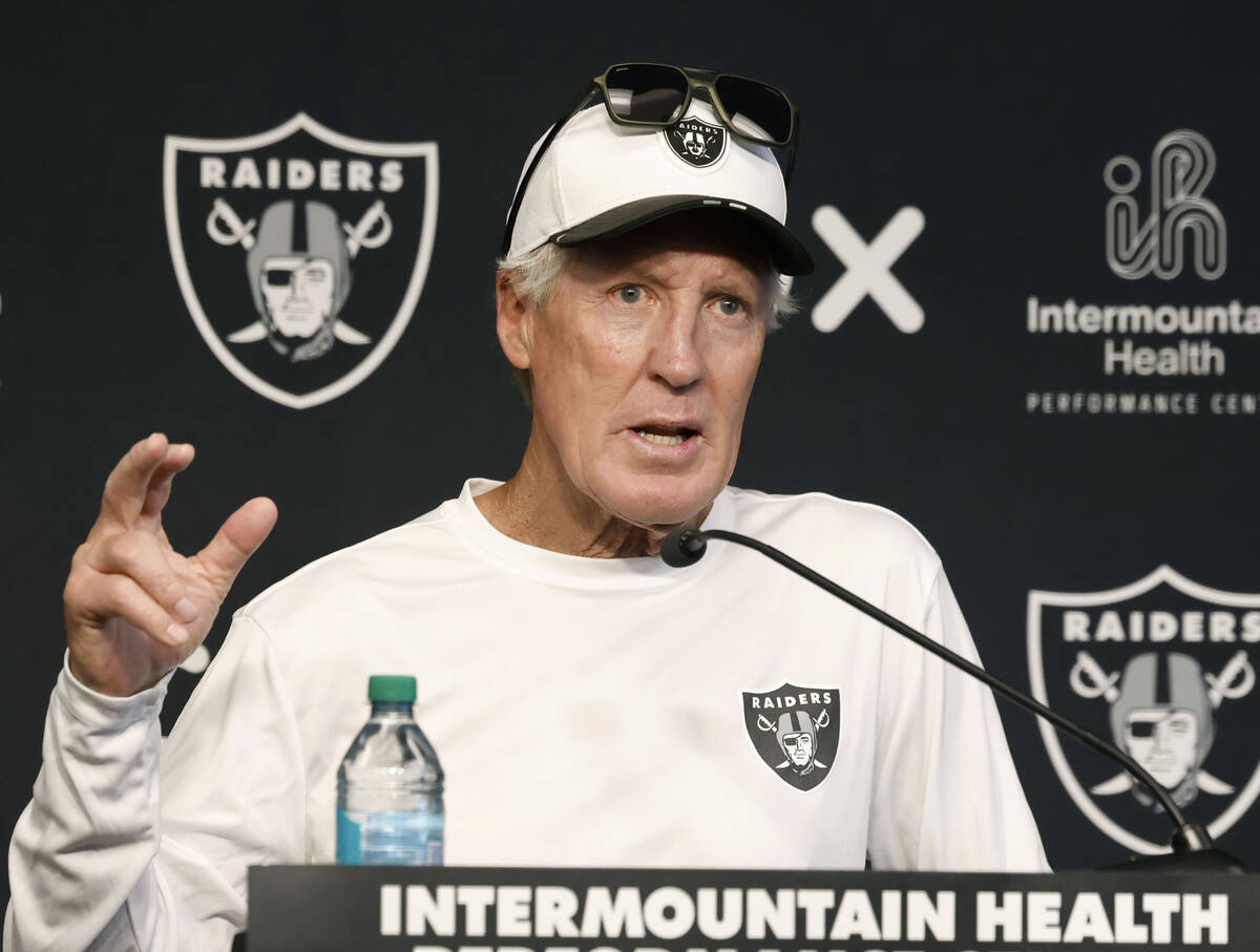 Raiders head coach Pete Carroll addresses the media after the last day of an NFL mandatory foot ...