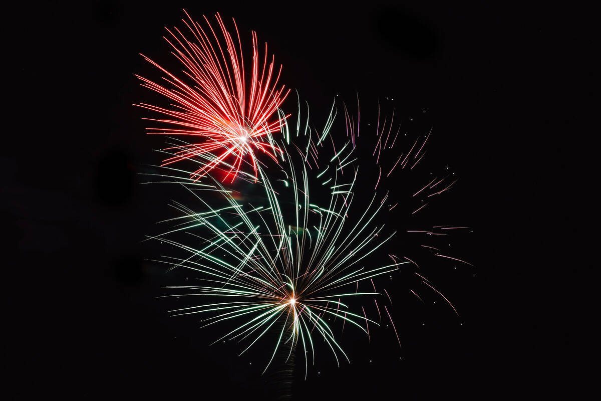 A firework pops off during a Fourth of July bash at Heritage Park Friday, July 4, 2025, in Hend ...