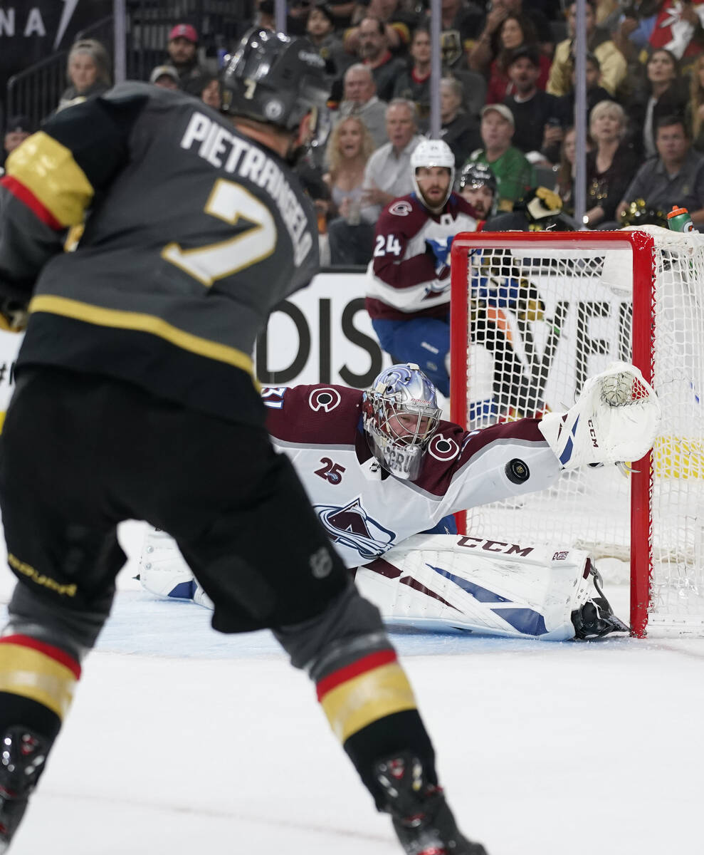Vegas Golden Knights defenseman Alex Pietrangelo (7) scores a goal against Colorado Avalanche g ...