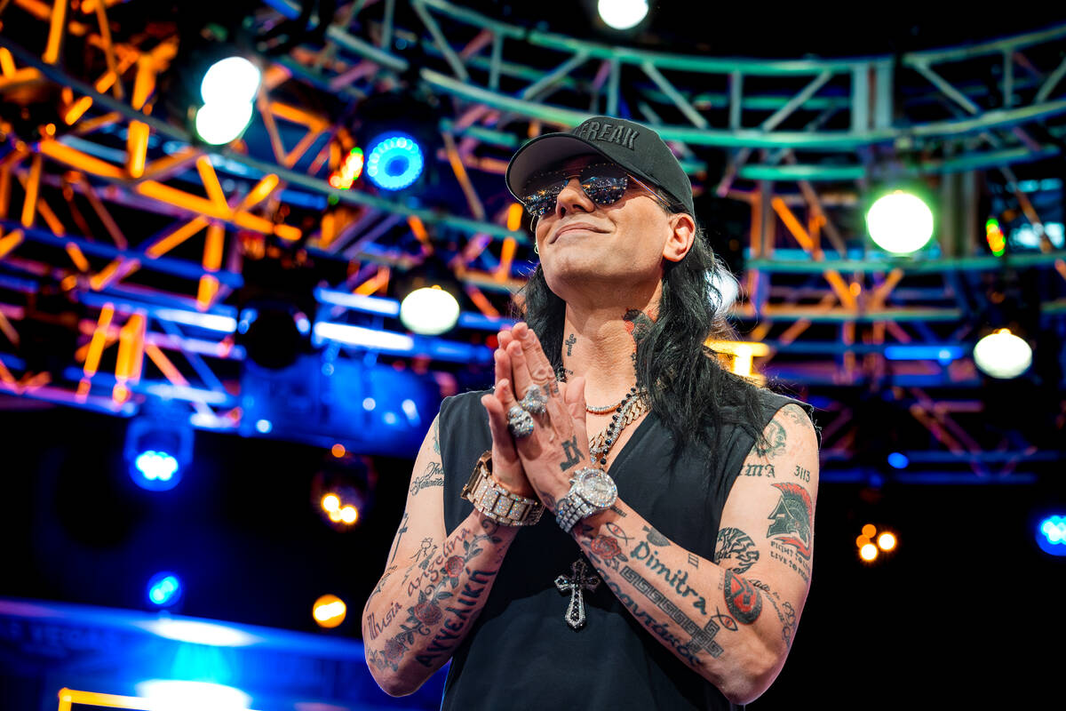 Criss Angel unveils the 2025 WSOP Main Event bracelet after arriving at Horseshoe Las Vegas and ...
