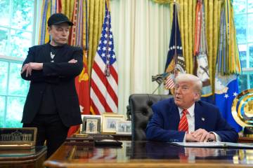 President Donald Trump, right, speaks during a news conference with Elon Musk in the Oval Offic ...