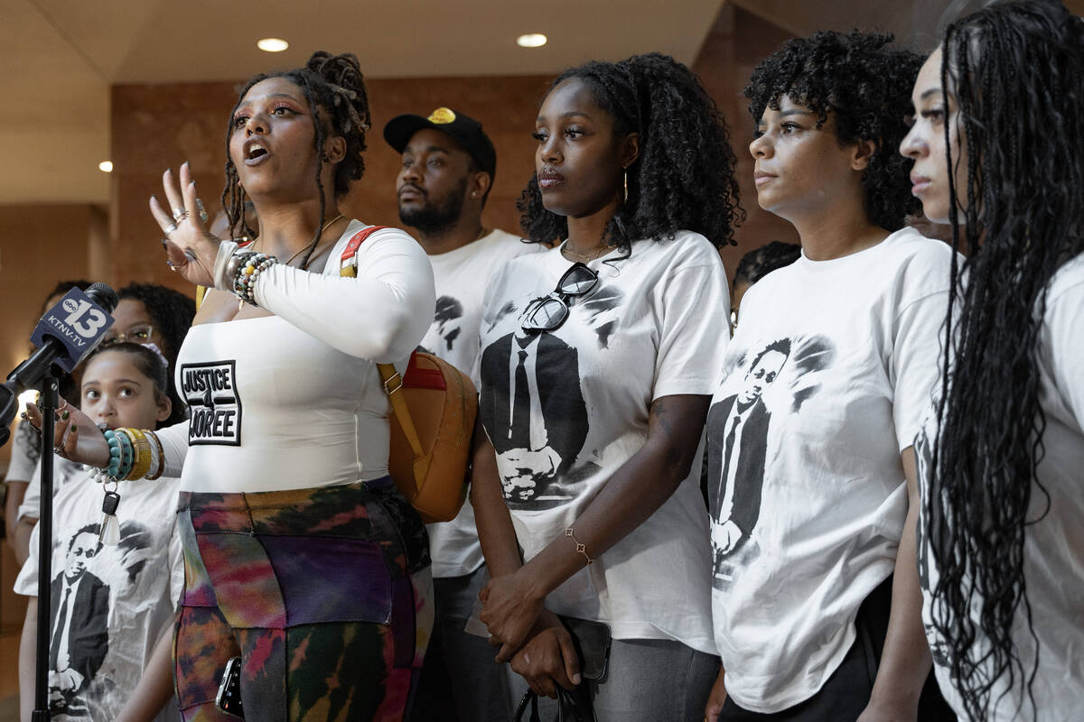 Natia Stanley, sister of Joree Odabi, speaks to the media following a court hearing at Las Vega ...