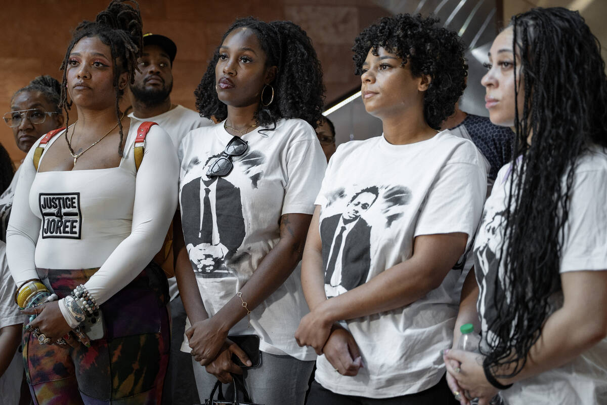 Family and friends of Joree Odabi, from left, Natia Stanley, Ayela Gree, Chyanna Ambort and Jas ...