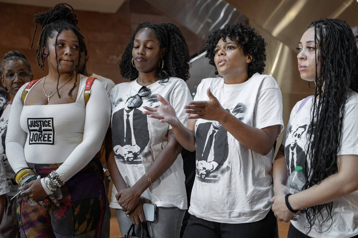 Family and friends of Joree Odabi, from left, Natia Stanley, Ayela Gree, Chyanna Ambort and Jas ...