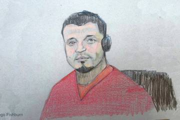 This courtroom sketch depicts Kilmar Abrego Garcia sitting in court during his detention hearin ...
