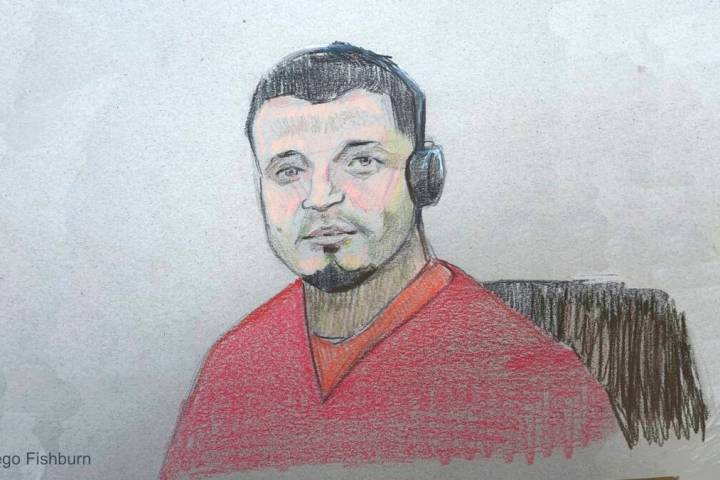 This courtroom sketch depicts Kilmar Abrego Garcia sitting in court during his detention hearin ...