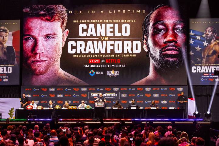 Dana White leads a press conference for a boxing match between Canelo Alvarez and Terence Crawf ...