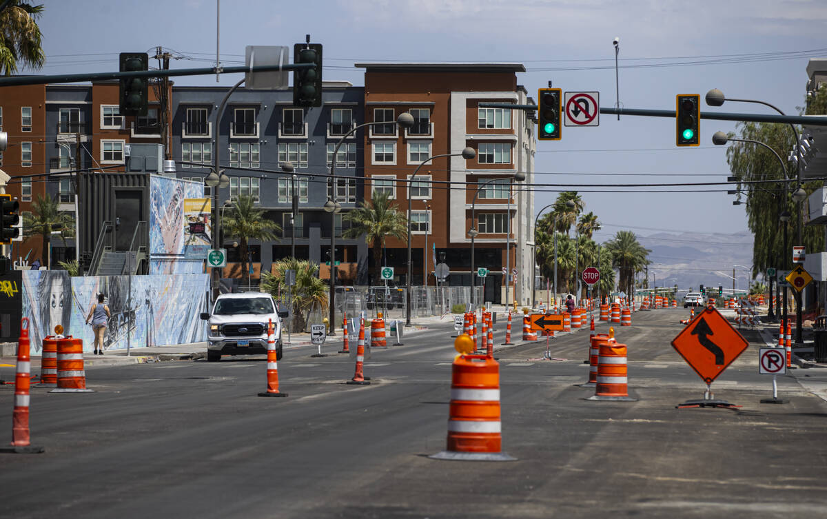Road construction work is seen along Carson Avenue by 7th Street on Tuesday, July 8, 2025, in d ...