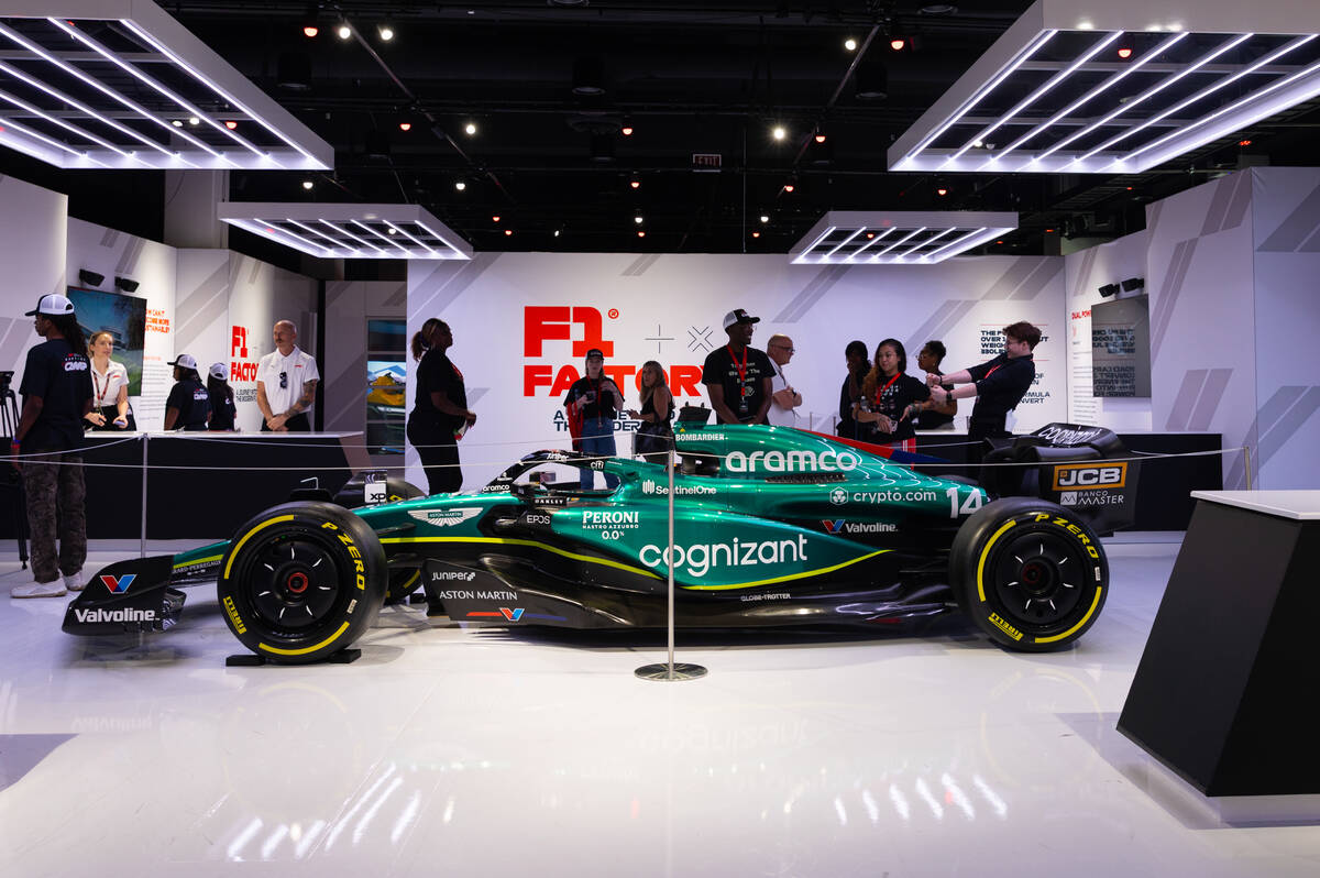 A replica 2023 Aston Martin AMR23 is seen on display at an F1 X exhibit during the first day of ...