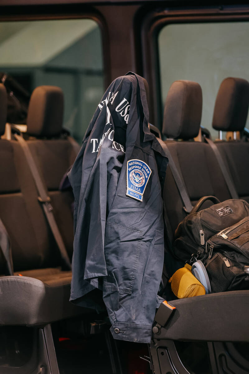 A FEMA jacket hangs over a seat in a van headed to Texas with Nevada Task Force 1 on Tuesday, J ...