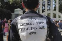 People protest against Americans' gentrification of parts of Mexico City, at Parque Mexico, Fri ...