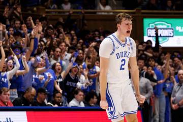 Duke's Cooper Flagg (2) reacts after a play during the second half of an NCAA college basketbal ...