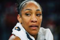 Aces center A'ja Wilson looks to the sidelines during a WNBA basketball game between the Aces a ...