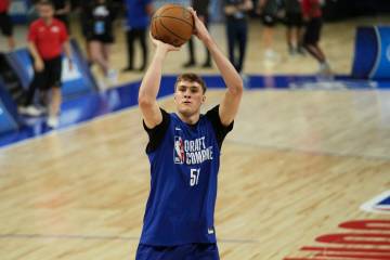 Cooper Flagg participates at the 2025 NBA basketball Draft Combine in Chicago, Tuesday, May 13, ...