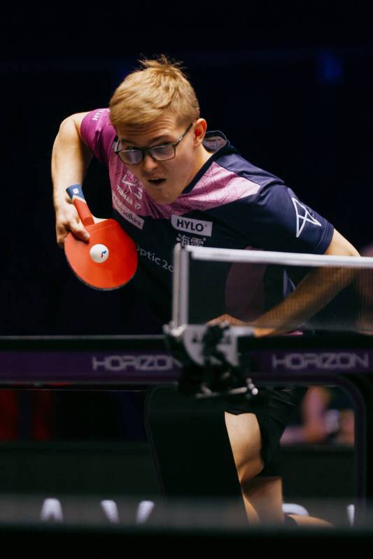 Alexis Lebrun of France serves against Yukiya Uda of Japan during the Men’s Singles Roun ...