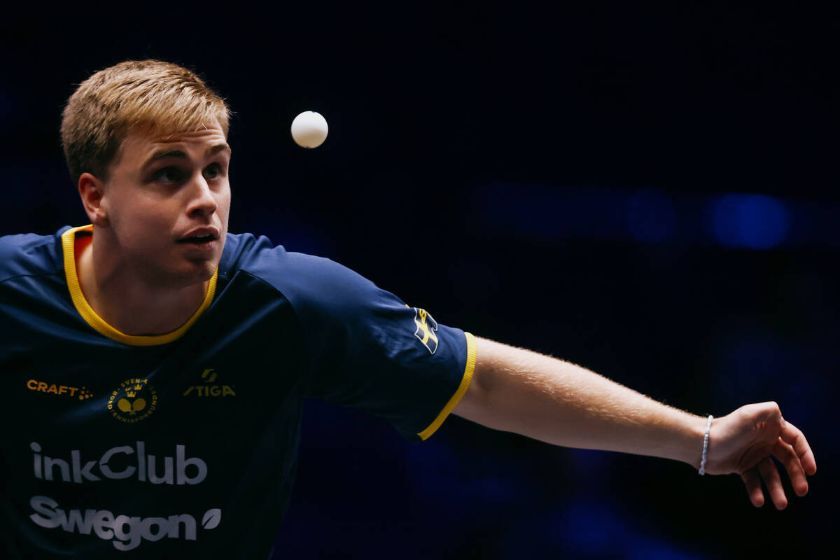 Truls Moregard of Sweden watches the ball while playing against Yuta Tanaka of Japan during the ...