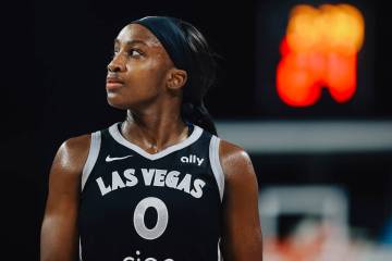 Las Vegas Aces guard Jackie Young during a WNBA basketball game between the Aces and Dallas Win ...