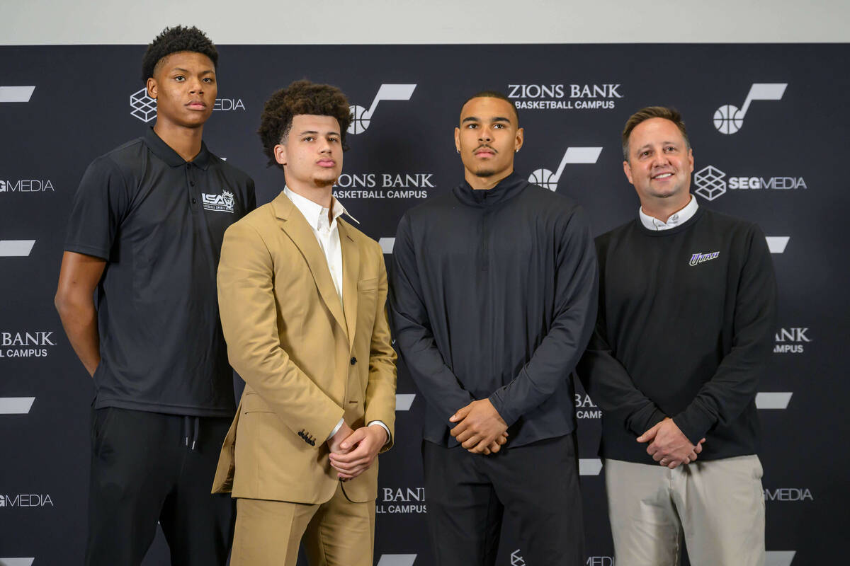 Utah Jazz drafted players, left to right, Ace Bailey, Walter Clayton Jr., John Tonje, and Austi ...