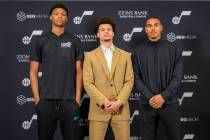 Utah Jazz drafted players, left to right, Ace Bailey, Walter Clayton Jr. and John Tonje, pose t ...
