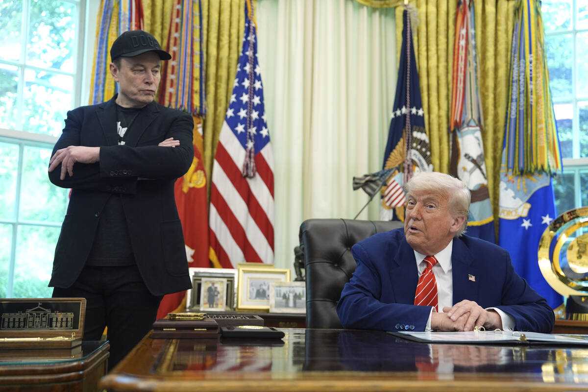 President Donald Trump, right, speaks during a news conference with Elon Musk in the Oval Offic ...
