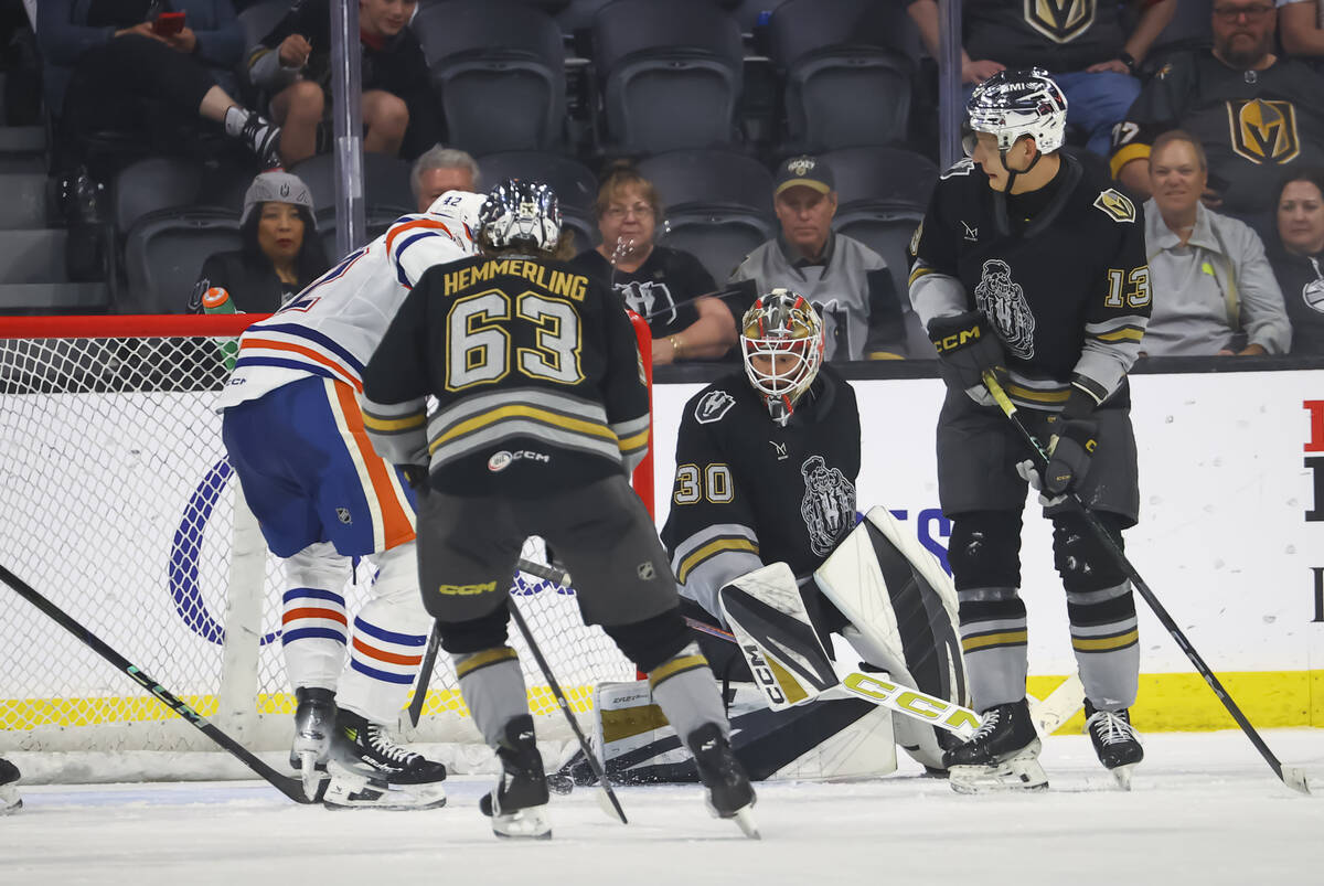 Silver Knights goaltender Carl Lindbom (30) defends the net during an AHL hockey game against t ...