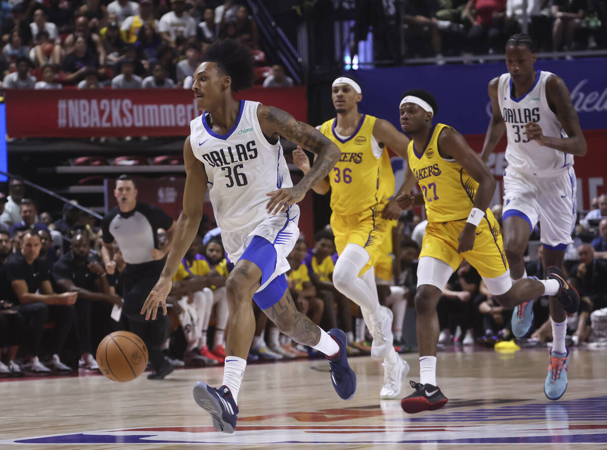 Dallas Mavericks forward Maxwell Lewis (36) brings the ball up court against the Los Angeles La ...
