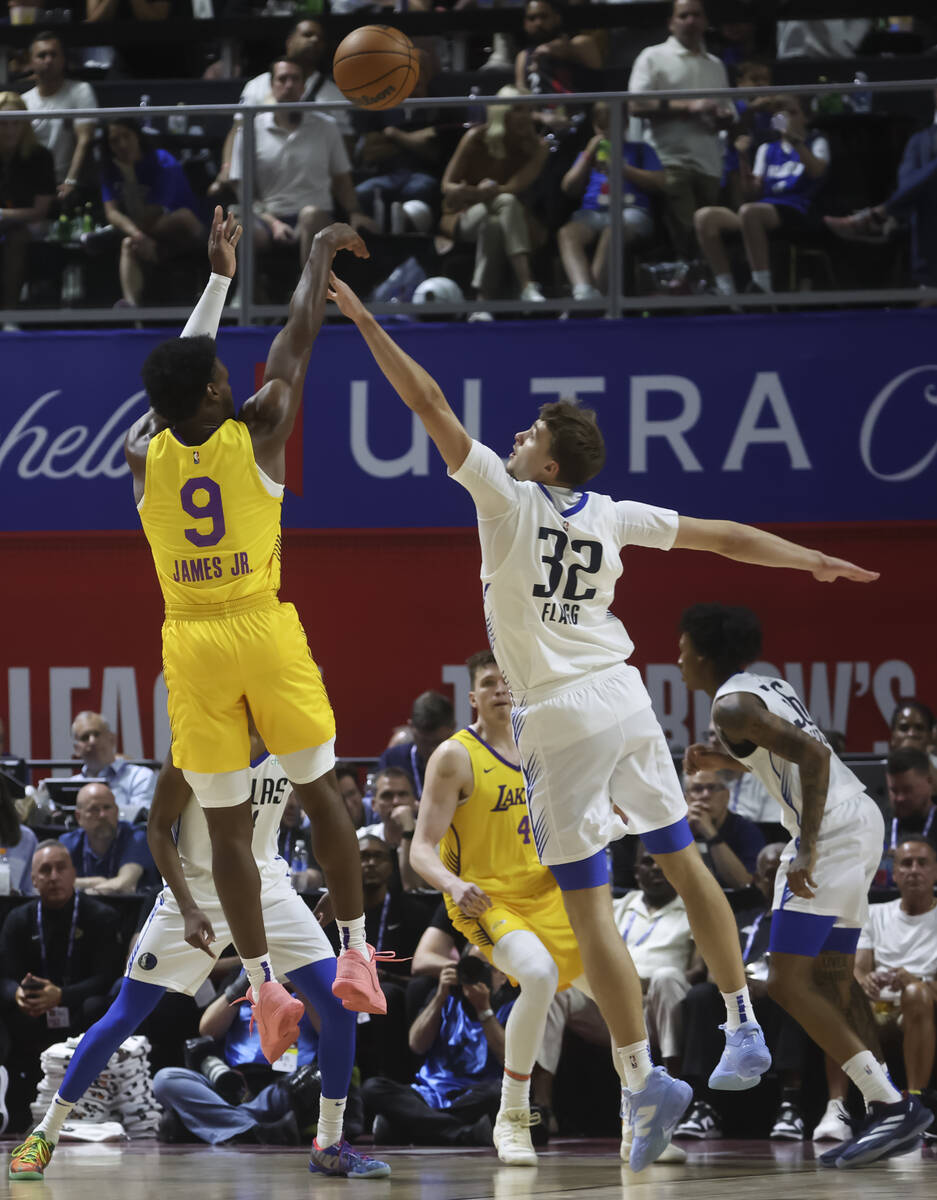 Los Angeles Lakers guard Bronny James (9) shoots over Dallas Mavericks Cooper Flagg (32) in a b ...