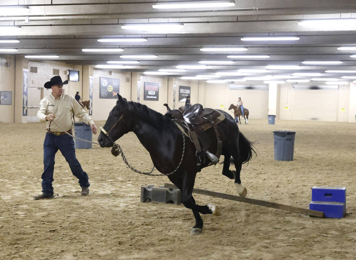 Levi Beechy of Michigan trains his mustang, Hyrum, before the Mustang Challenge cometition at t ...