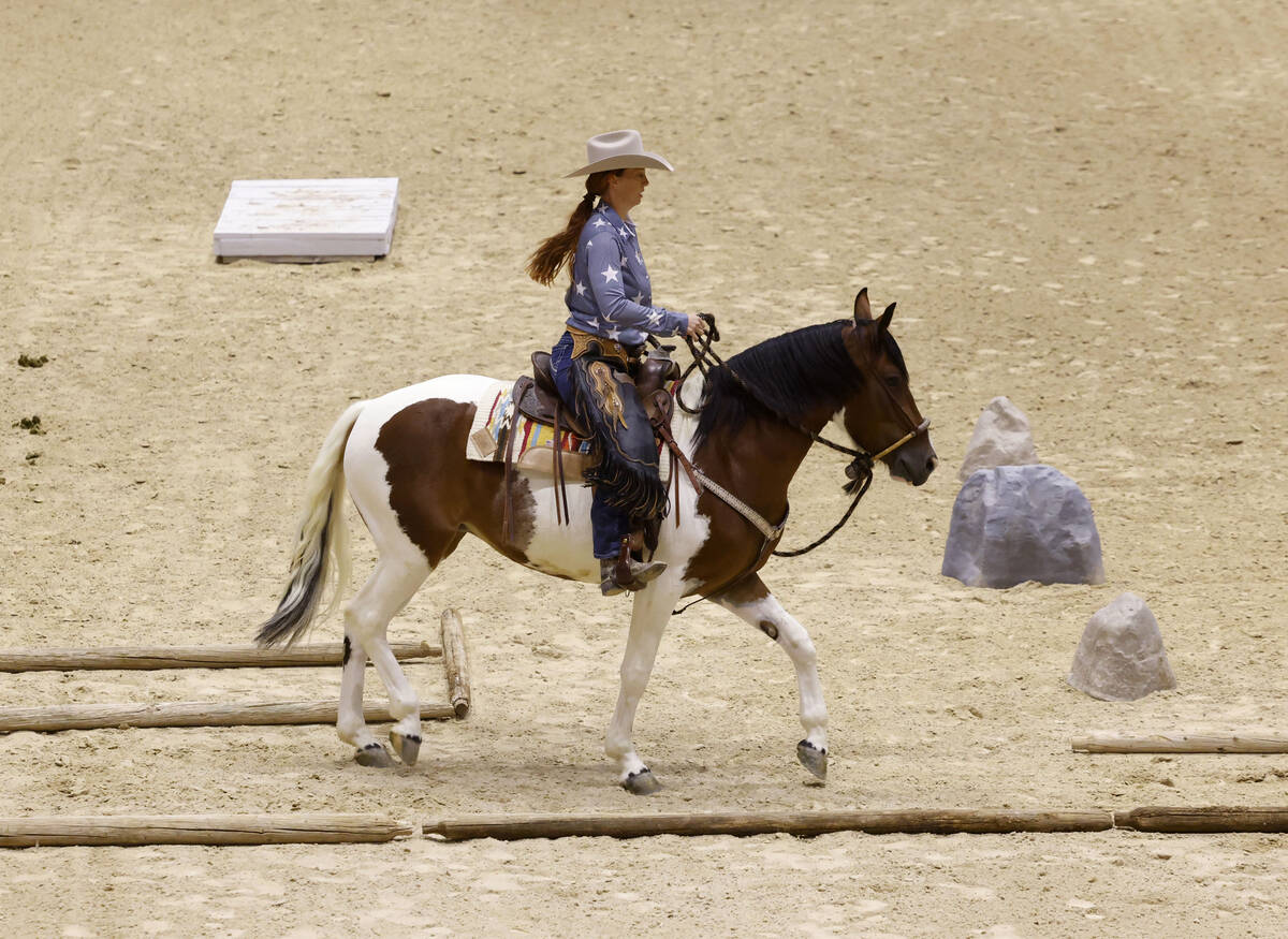 Heidi Brown of Las Vegas and her bay pinto mustang, Raya, compete in the Mustang Challenge at t ...