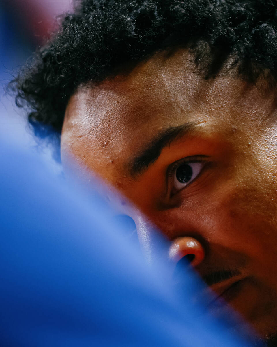 Atlanta Hawks guard Kobe Bufkin (4) speaks with ESPN at the half of a game against Miami Heat f ...