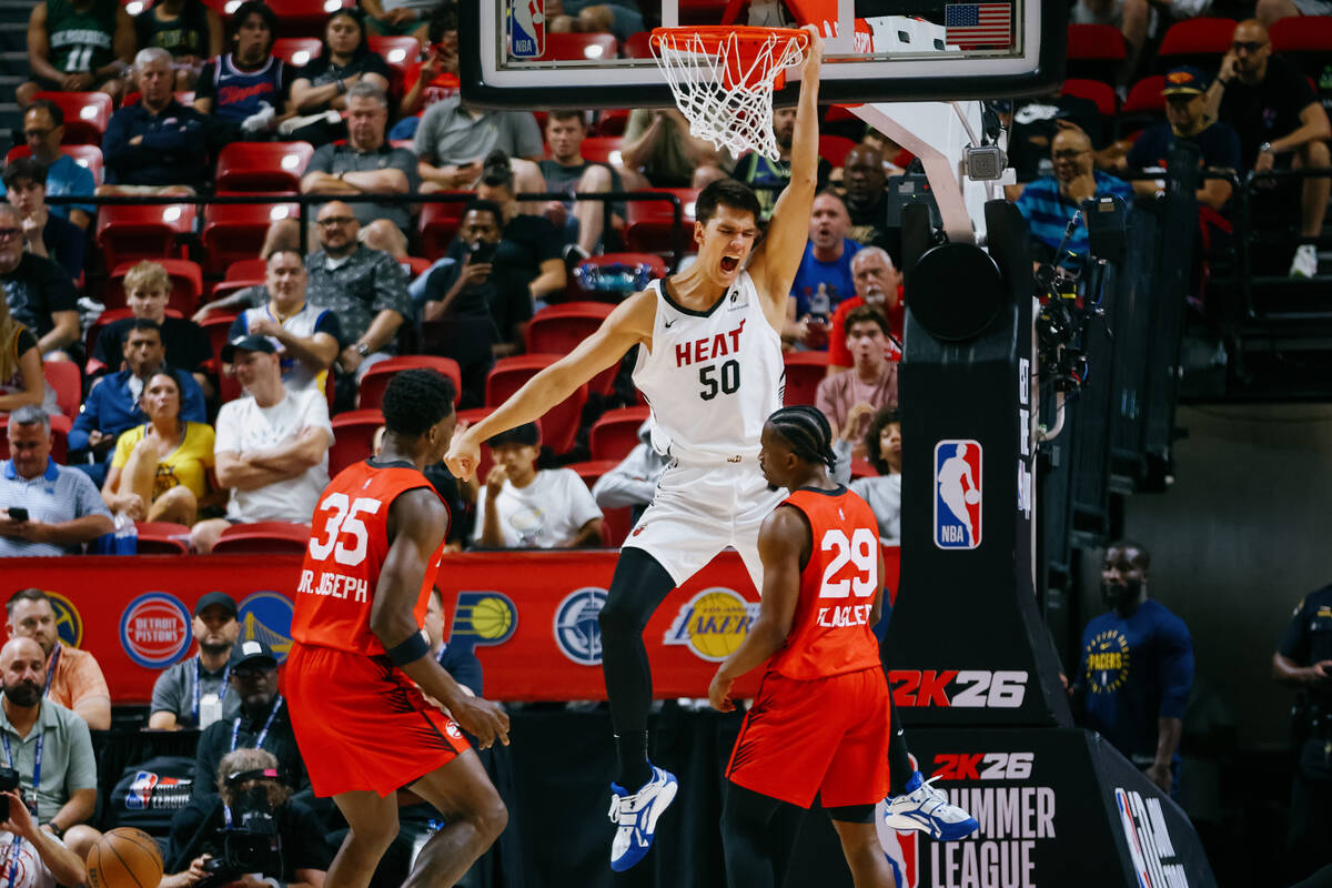 Miami Heat center Vladislav Goldin (50) celebrates after dunking against the Atlanta Hawks duri ...