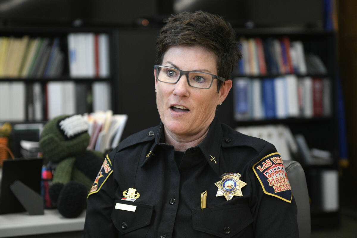 Las Vegas Fire and Rescue Bomb Squad Commander Jamie Sypniewicz speaks about her career during ...