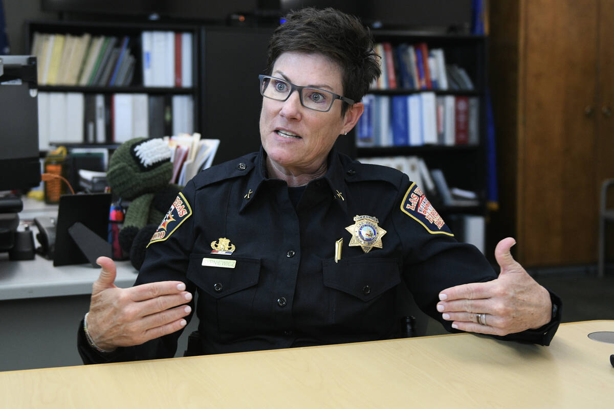 Las Vegas Fire and Rescue Bomb Squad Commander Jamie Sypniewicz speaks about her career during ...