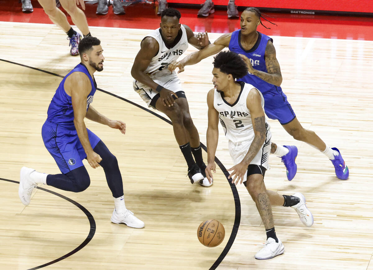 San Antonio Spurs' guard Dylan Harper (2) dribbles up the court during the third day of the NBA ...