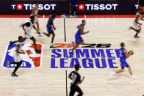 Dallas Mavericks guard Ryan Nembhard dribbles up the court during the third day of the NBA Summ ...