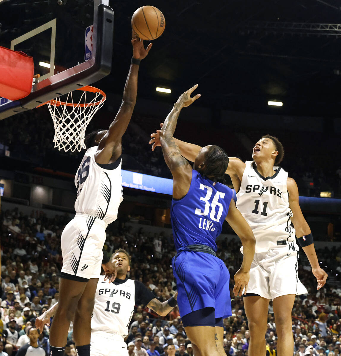forward Maxwell Lewis (36) has his shot blocked by San Antonio Spurs' forward David Jones-Garci ...