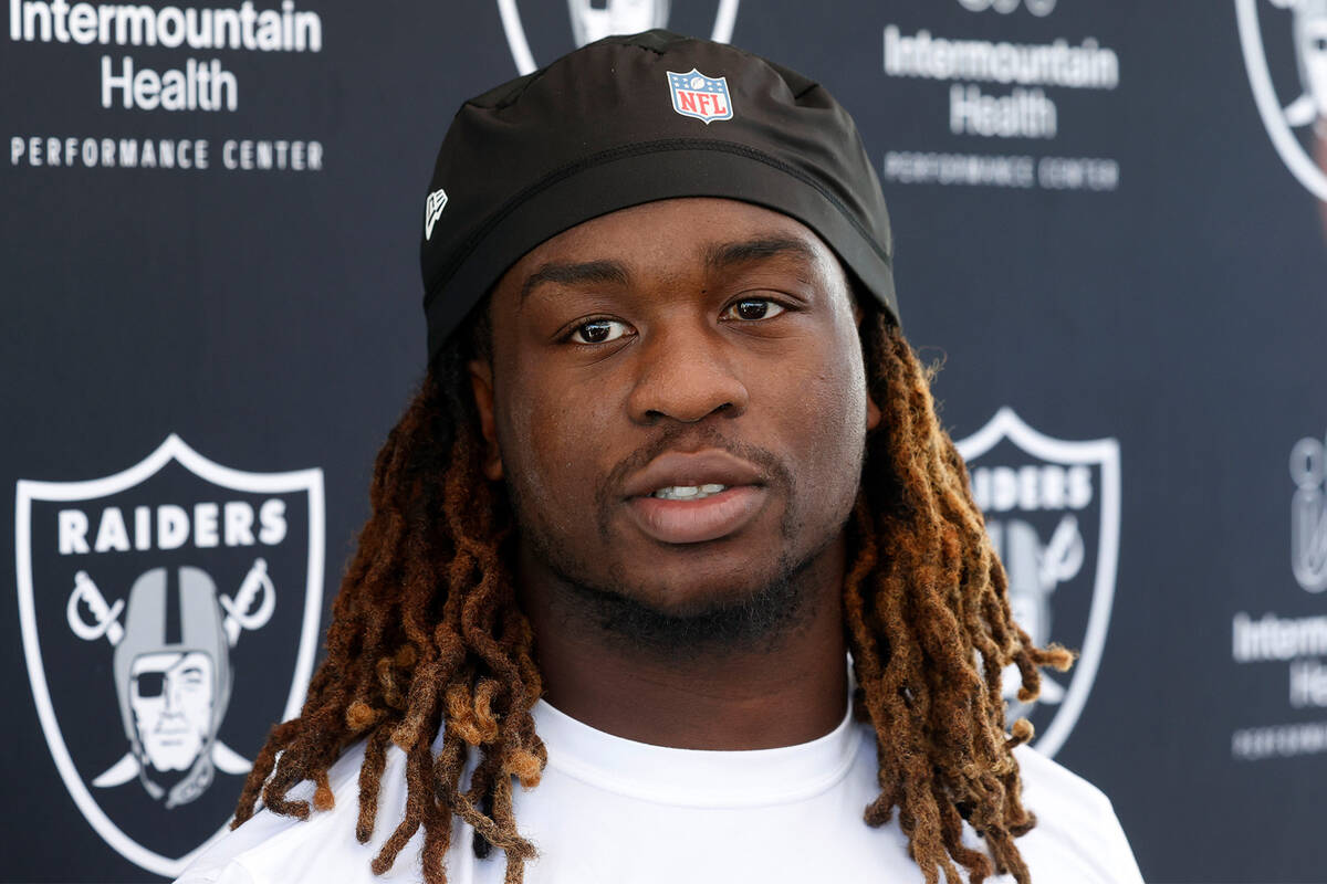 Raiders running back Ashton Jeanty addresses the media after participating in the Raiders rooki ...