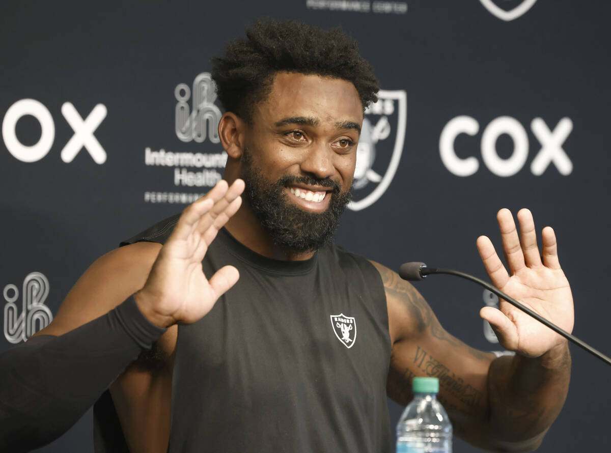 Raiders running back Raheem Mostert addresses the media after participating in the last day of ...