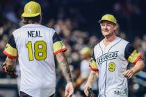 Golden Knights center Jack Eichel celebrates during a Battle For Vegas charity softball game be ...