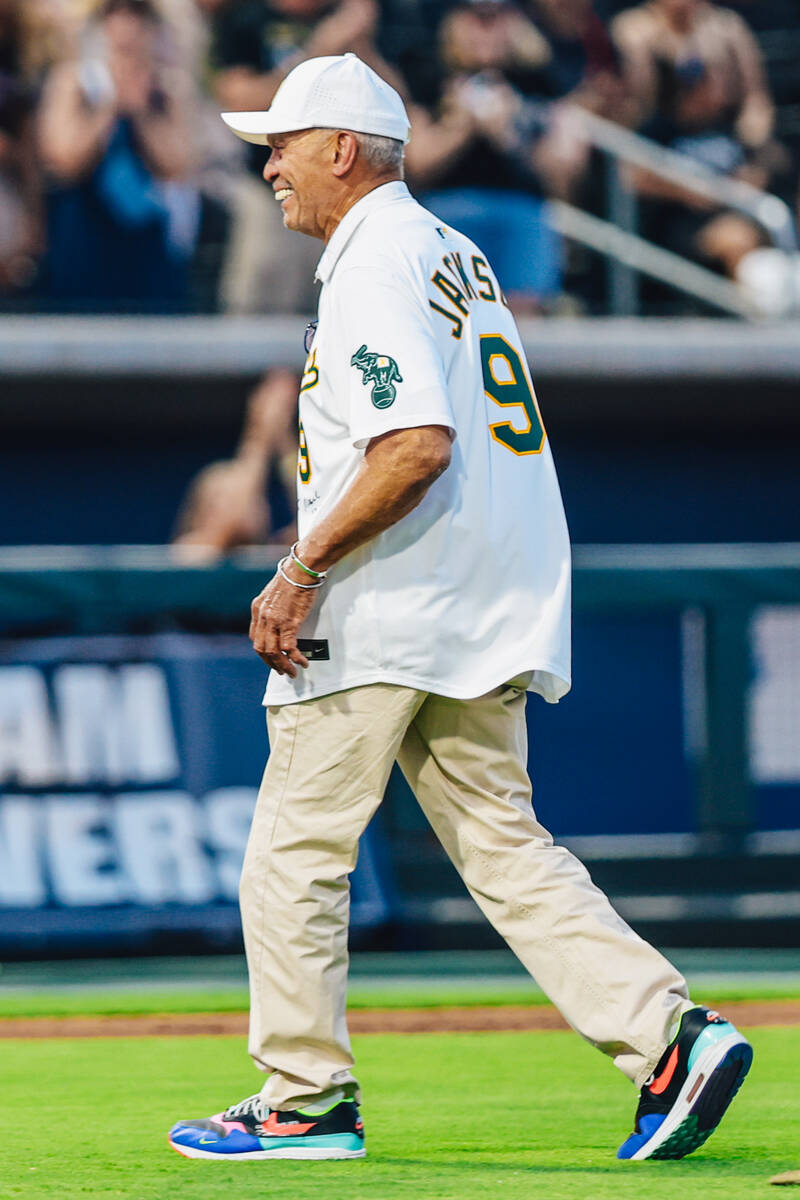 Reggie Jackson, an MLB legend, throws out the first pitch during a Battle For Vegas charity sof ...