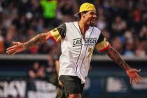 San Jose Sharks right winger Ryan Reaves celebrates a home run during a Battle For Vegas charit ...