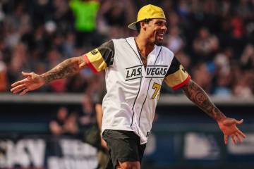 San Jose Sharks right winger Ryan Reaves celebrates a home run during a Battle For Vegas charit ...