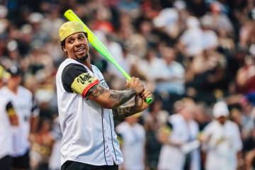 San Jose Sharks right winger Ryan Reaves holds a bat during a Battle For Vegas charity softball ...