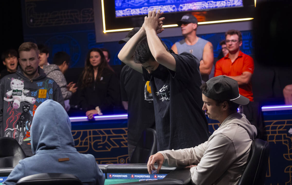 Daehyung Lee celebrates during day 8 of the World Series of Poker Main Event at Horseshoe Las V ...