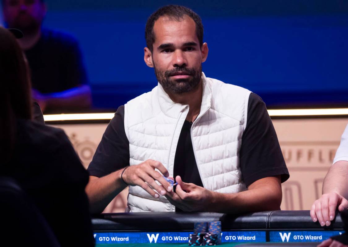 Tony Gregg holds his chips during day 8 of the World Series of Poker Main Event at Horseshoe La ...
