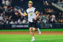 Golden Knights center Jack Eichel celebrates during a Battle For Vegas charity softball game be ...