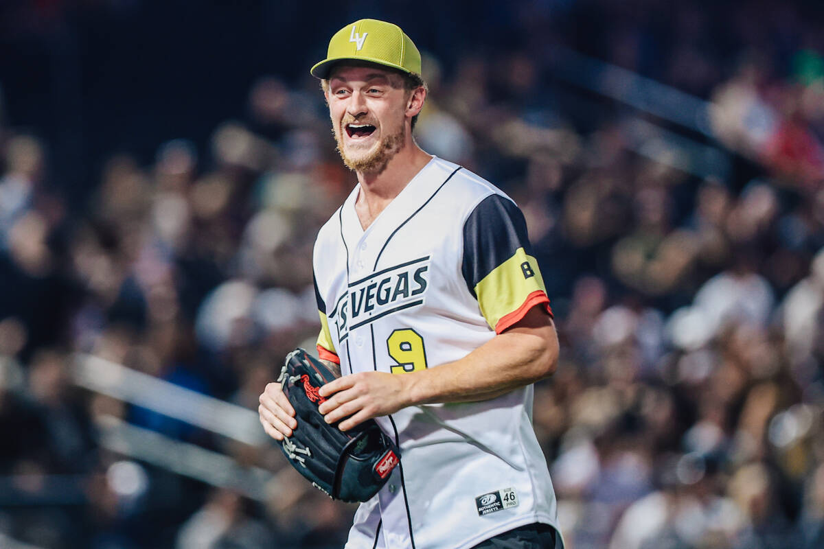 Golden Knights center Jack Eichel celebrates during a Battle For Vegas charity softball game be ...