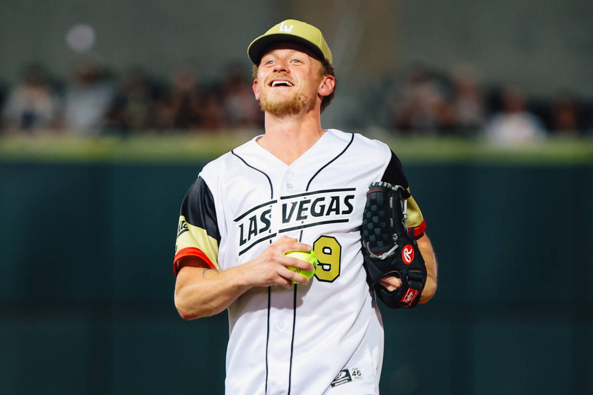 Golden Knights center Jack Eichel celebrates during a Battle For Vegas charity softball game be ...