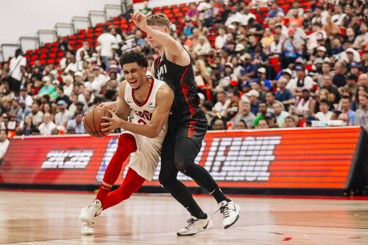 Cavaliers guard Tyrese Proctor (24) drives the ball during an NBA Summer League basketball game ...